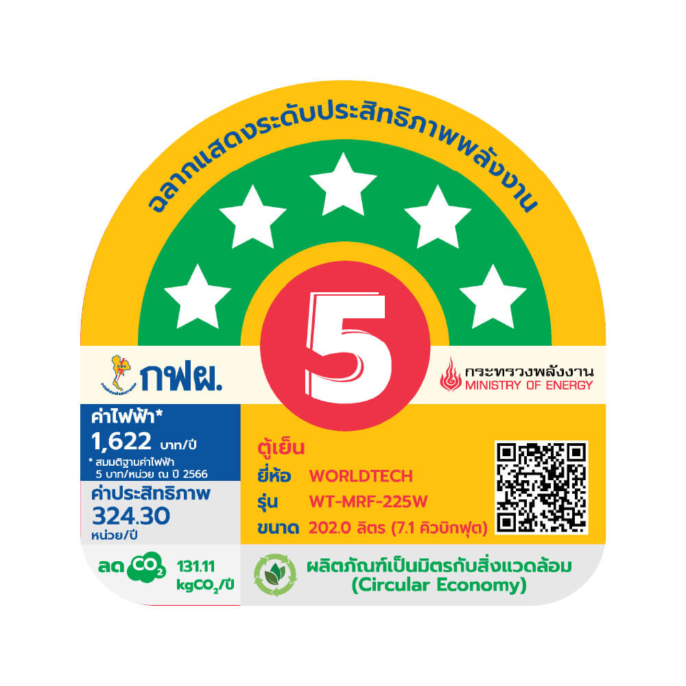 ตู้เย็น 2 ประตู WORLDTECH รุ่น WT-MRF-225W_SIL ขนาด 7.1 คิว ความจุ 202 ลิตร สีเงิน